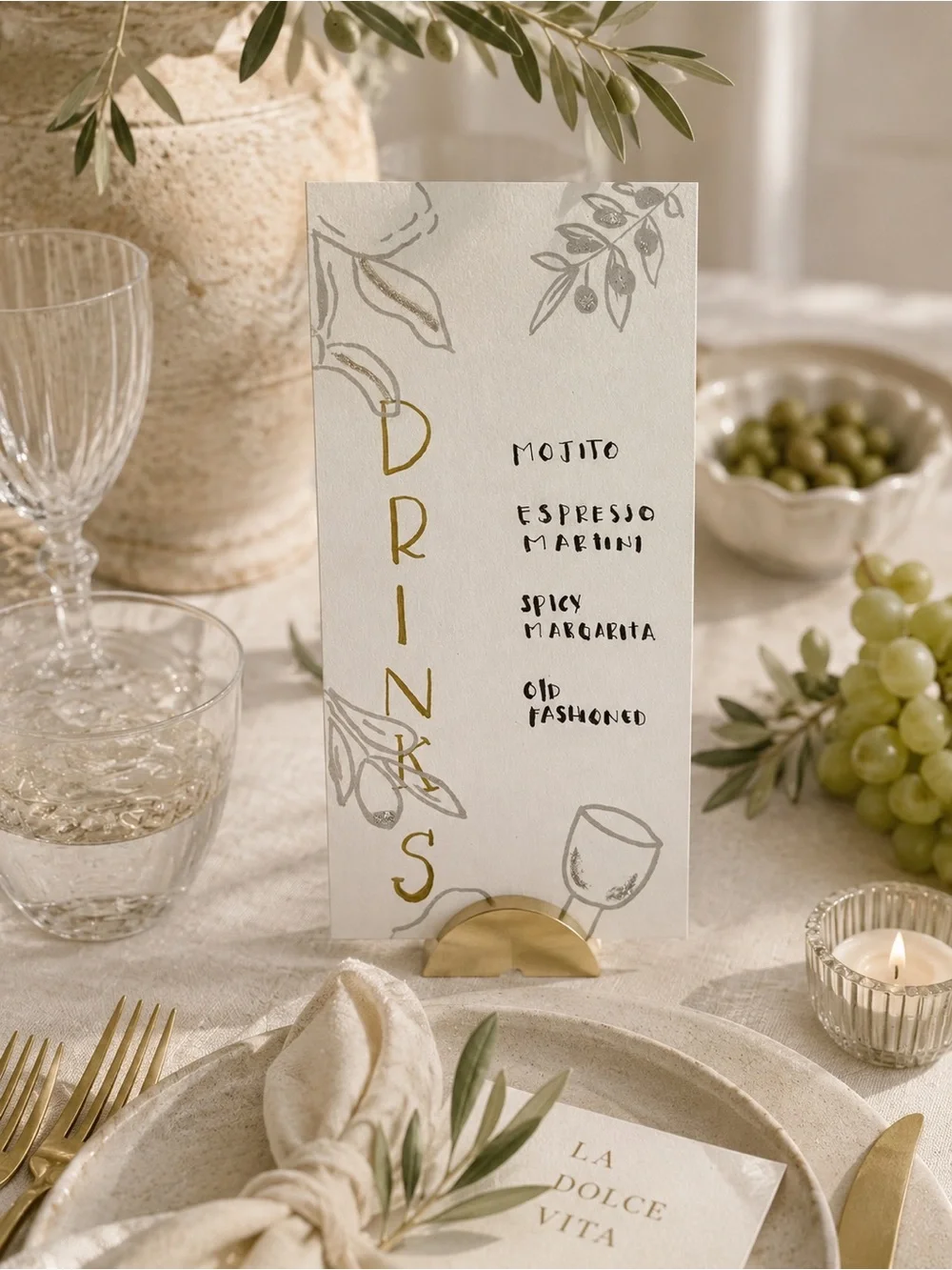 12pcs Elegant Drinks Menu Card in White with Gold Lettering for Bridal Shower